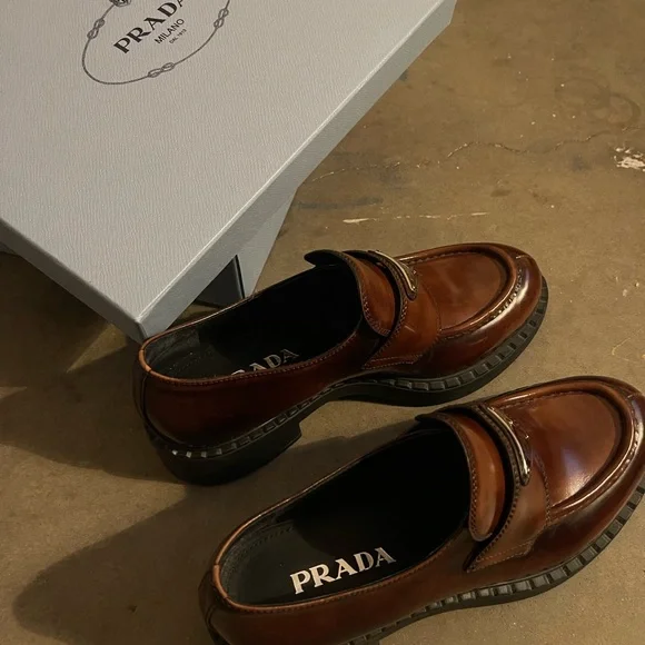 Prada Brown Leather Penny Loafers with Logo Plaque - Picture 8 of 8